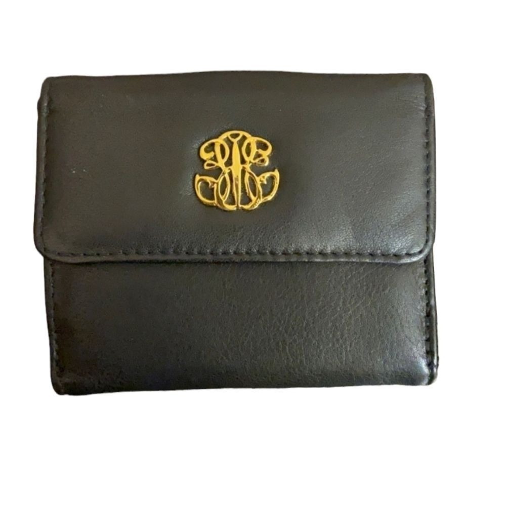 Liz Claiborne Black Leather Bifold Wallet Gold Monogram Logo Compact Purse
